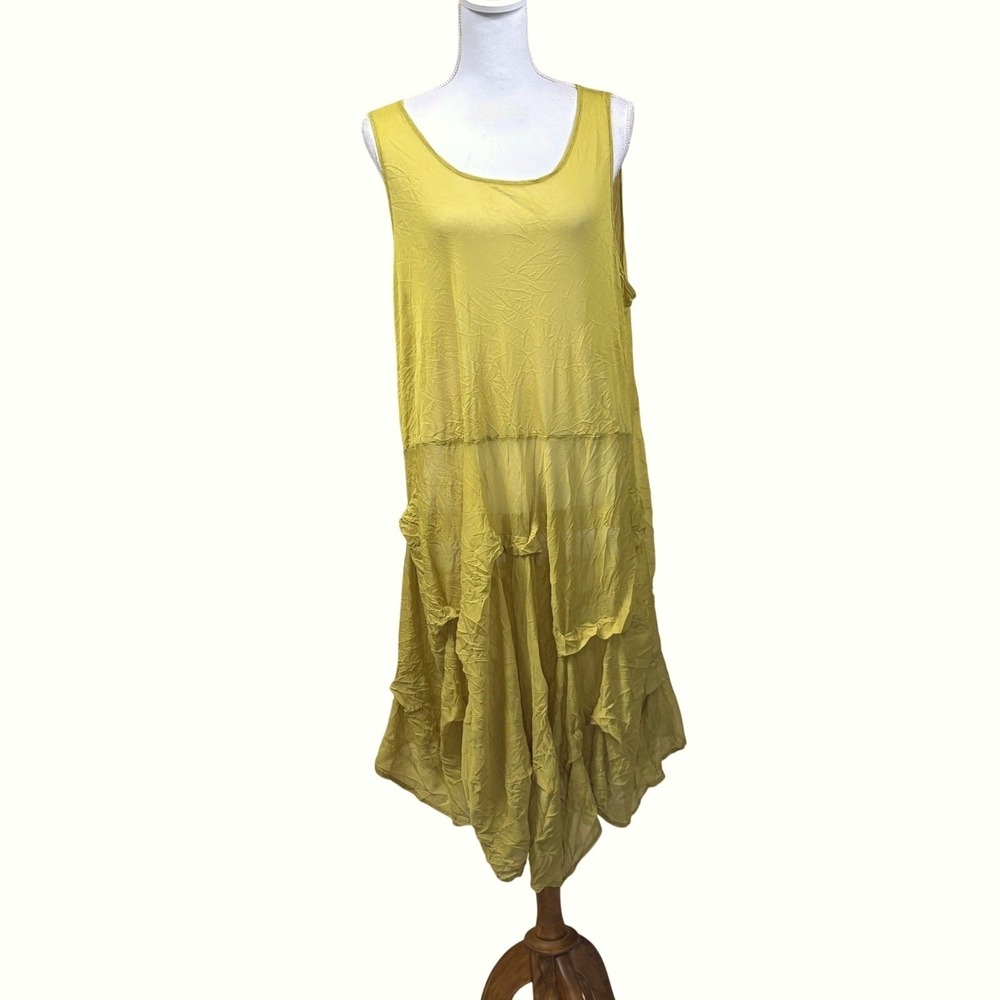 Comfy USA Chartreuse Crinkle Dress, S, asymmetrical, boho, sculptural, artistic